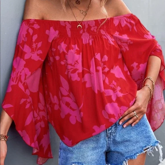 Boho Floral Print Off Shoulder Top Blouse - Picture 1 of 16